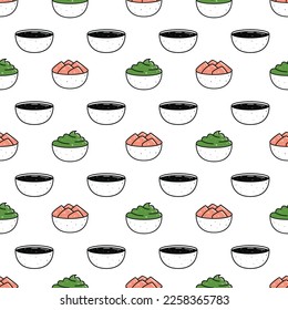 Kawaii sushi with salmon illustration. Vector flat hand drawn seamless pattern