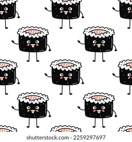 Kawaii sushi with salmon illustration. Vector flat hand drawn seamless pattern