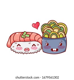 kawaii sushi salmon wasabi and salad food japanese cartoon vector illustration sushi and rolls