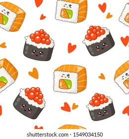 Kawaii sushi, sashimi and rolls - seamless pattern or background, cartoon emoji manga style, traditional Japanese or Asian cuisine and food isolated on white - vector for wrapping, textile