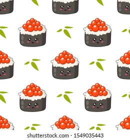 Kawaii sushi, sashimi and rolls - seamless pattern or background, cartoon emoji manga style, traditional Japanese or Asian cuisine and food isolated on white - vector for wrapping, textile