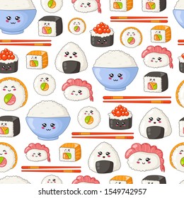 Kawaii sushi, sashimi and rolls - seamless pattern or background, cartoon emoji, manga style, traditional Japanese or Asian cuisine and food isolated on white - vector for wrapping, textile