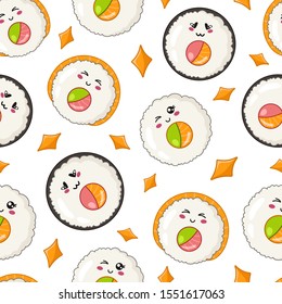 Kawaii sushi, sashimi and rolls - seamless pattern or background, cartoon emoji manga style, traditional Japanese or Asian cuisine and food isolated on white - vector for wrapping, textile