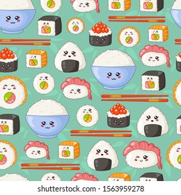 Kawaii sushi, sashimi and rolls - seamless pattern or background, cartoon emoji, manga style, traditional Japanese or Asian cuisine and food isolated on white - vector for wrapping, textile