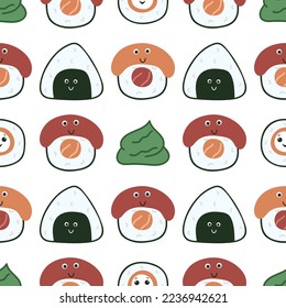Kawaii sushi and sashimi seamless pattern. Asian food vector background. Cute characters print for textile, paper, packaging and product design