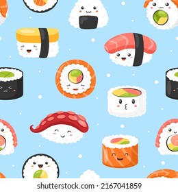 Kawaii Sushi sin fisuras. Vector fondo de sushi lindo, rollos, sashimi con cara sonriente y mejillas rosadas al estilo kawaii. La comida tradicional asiática japonesa. Emoji de dibujos animados para textiles, web, impresión