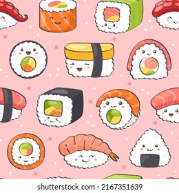 Kawaii Sushi seamless pattern. Vector background of cute sushi, rolls, sashimi with smiling face and pink cheeks in kawaii style. Japanese asian traditional food. Cartoon emoji for textile, web, print