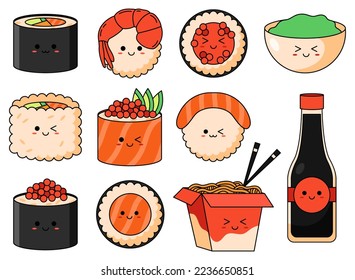 Kawaii sushi set, noodles, soy sauce and wasabi with smiling face and pink cheeks isolated on a white background. Japanese cartoon style. 