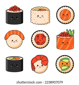 Sushi de Kawaii con cara sonriente y mejillas rosas aisladas en un fondo blanco. Estilo de caricatura japonés. 