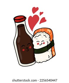 Kawaii Sushi and Soy Sauce. Hand drawn romantic vector illustration for banner, menu, card print design.