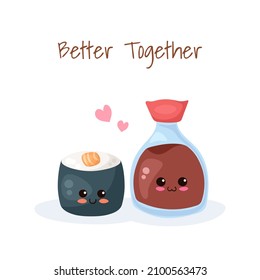 Kawaii Sushi and Soy Sauce vector illustration. Adorable couple. Cute funny food characters isolated on white background. Use for kids poster, card, Asian cafe menu, fabric print, food hall.