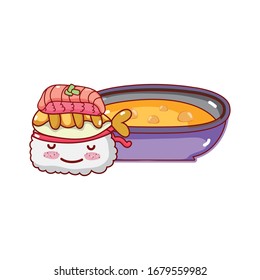 kawaii sushi tempura fish and soup food japanese cartoon vector illustration sushi and rolls