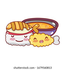 kawaii sushi tempura fish and soup food japanese cartoon vector illustration sushi and rolls