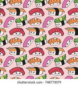 Kawaii sushi vector seamless pattern, cute hand drawn background with traditional Japanese food, surface design