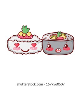 kawaii sushi wasabi and roll vegetables food japanese cartoon vector illustration sushi and rolls