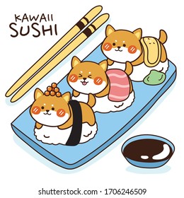 Kawaii Sushi auf dem Hintergrund.Shiba inu Sushi mit Stäbchen, grüner Waschabi und Sojasauce handgezeichnet.Cartoon-Charakterdesign.Animal doodle.Cute dog.Kid Grafik.Japanese food.Vektorillustration.Illustration.