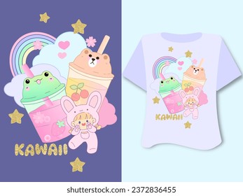 Kawaii sweet animal cute bears frog girl on purple background for t shirt . Inspirational quote card, invitation, banner, lettering, poster. Cartoon character happy fun tee preschool graphic hand draw