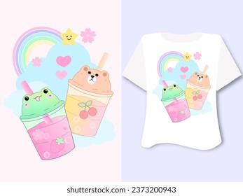 Kawaii sweet animal cute bears frog bubble tea on white background for t shirt . Inspirational quote card, invitation, banner, lettering, poster. Cartoon character happy fun tee graphic hand draw