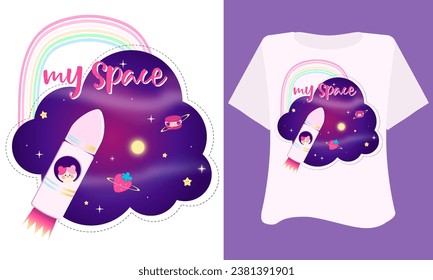 Kawaii sweet animal cute cat in space on purple  white background for t shirt . Inspirational quote card, invitation, banner, lettering, poster. Cartoon character happy fun tee preschool graphic 