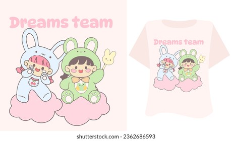 Kawaii sweet animal cute girl  on pink background for t shirt . Inspirational quote card, invitation, banner, lettering, poster. Cartoon character dreams team  tee preschool 