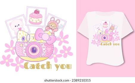 Kawaii sweet animal cute girl pink photo card camera  flowerson white background for t shirt . Inspirational quote card, invitation, banner, lettering, poster. Cartoon character happy  tee preschool 