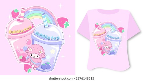 Kawaii sweet animal cute animal on pink background for t shirt . Inspirational quote card, invitation, banner, lettering, poster. Cartoon character happy  tee preschool bubble tea 