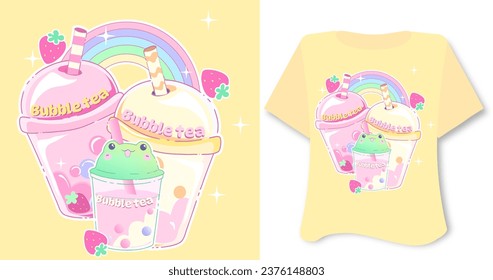 Kawaii sweet animal cute animal on yellow background for t shirt . Inspirational quote card, invitation, banner, lettering, poster. Cartoon character happy  tee preschool bubble tea 