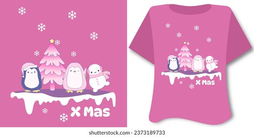 Kawaii sweet animal cute winter print for t shirt . Inspirational quote card, invitation, banner, lettering, poster. Cartoon character happy fun tee preschool graphic hand draw penguin and bunny xmas