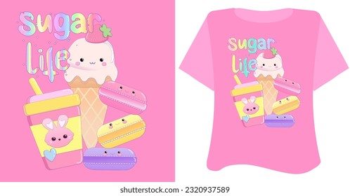 Kawaii sweet animal love   on white pink background for t shirt . Inspirational quote card, invitation, banner, lettering, poster. Cartoon hearts, ice cream, strawberry, pink, yellow, blue, vector.