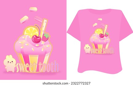 Kawaii sweet animal love on  pink background for t shirt . Inspirational quote card, invitation, banner, lettering, poster. Cartoon ice cream, strawberry, macaroni pink, yellow, blue, vector tee 