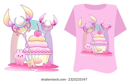 Kawaii dulce amor animal sobre fondo rosado para camisetas. Tarjeta de cita inspiradora, invitación, cartel, letras, afiche. Helado de dibujos animados, fresa, macarrones rosa, amarillo, azul, tee vector 