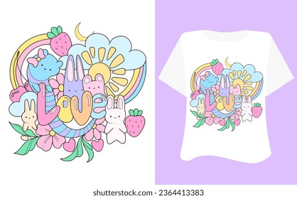 Kawaii sweet animal love on white pink background for t shirt . Inspirational quote card, invitation, banner, lettering, poster. Cartoon hearts, rainbow, clouds, strawberry, pink, yellow, blue, tee