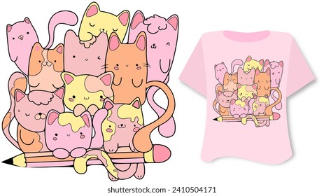 Kawaii sweet animal love   on white pink background for t shirt . Inspirational quote card, invitation, banner, lettering, poster. Cartoon cat's character pink, yellow, blue, vector