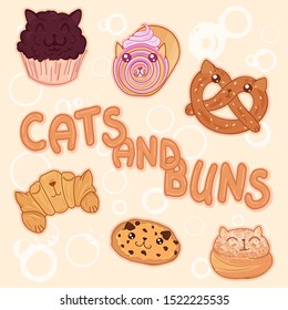 kawaii sweet bakery cats, cute cartoon characters pretzel, cookie, croissant, creamy roll, chocolate muffin and bun, editable vector illustration