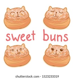 kawaii sweet biscuit bun cat with powdered sugar isolated, cute cartoon funny characters set, editable vector illustration