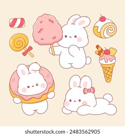 Kawaii sweet cake and candy with rabbit sticker collection