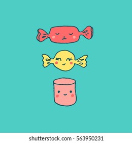 Kawaii sweet candies, lollipops. Vector hand drawn illustration with Japanese style sketches. Minimalistic childish drawing in candy colors