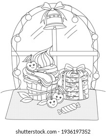 Kawaii dulce cupcake con galleta y cereza para niños colorido página de libros ilustraciones vectoriales