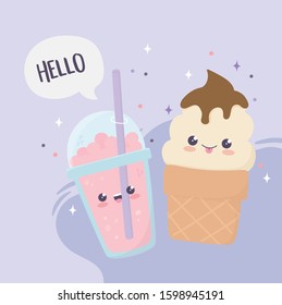kawaii sweet dessert ice cream and cold drink cartoon vector illustration
