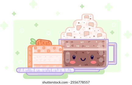 Kawaii sweet dessert snack. Coffee and carrot cake. Vector illustration. 