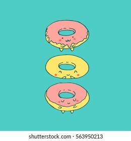 Kawaii sweet donuts. Vector hand drawn illustration with Japanese style sketches. Minimalistic childish drawing in candy colors