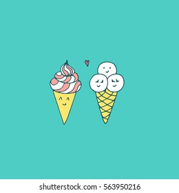 Kawaii sweet ice cream couple. Vector hand drawn illustration with Japanese style sketches. Minimalistic childish drawing in candy colors
