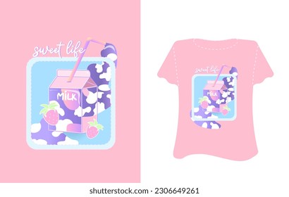 Kawaii Sweet milk  thing slogan text, beautiful cartoon drawings on pink. Vector illustration design for fashion graphics, t shirt prints, cards, templates.