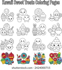 Kawaii Sweet Treats Coloring Pages Cute Dessert, Cupcake, Donut, Candy, Ice Cream, Chocolate, Food.