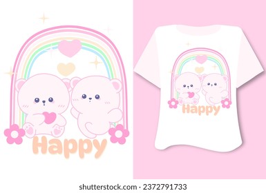 kawaii sweete design art kids graphic t shirt cartoo animal character bear with rainbow tee inspiration quote flower childish on white background happy slogan 