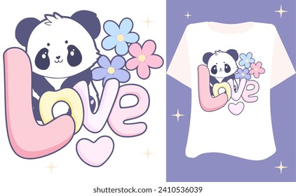 kawaii sweete design art kids graphic t shirt cartoo animal character panda with love rainbow tee inspiration quote flower childish on white background  slogan graphic 