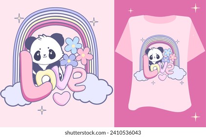 kawaii sweete design art kids graphic t shirt cartoo animal character panda with love rainbow tee inspiration quote flower childish on white background  slogan graphic 