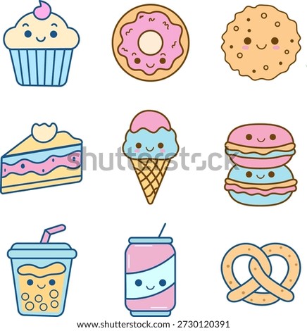 Kawaii sweets and fast food vector set. Adorable hand-drawn characters of cupcake, donut, ice cream, and soda for kids stickers, cafe menu design, nursery decor, and cute stationery