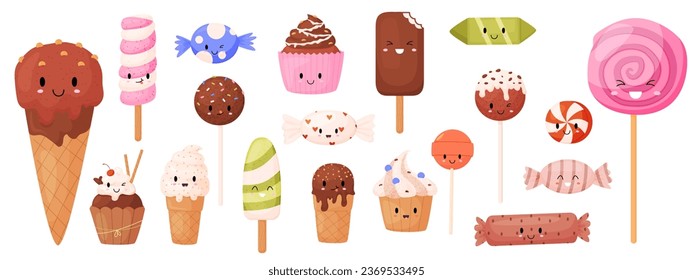 Kawaii sweets isolated characters. Ice cream, lollipops and candies with cute emotional faces. Childish mascots, funny snugly food vector icons