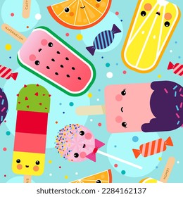 Kawaii Sweets Seamless Pattern, Vector Graphic, fully editable, print on fabrics, for children’s clothing, pillowcases, bedding or for bags, ice cream